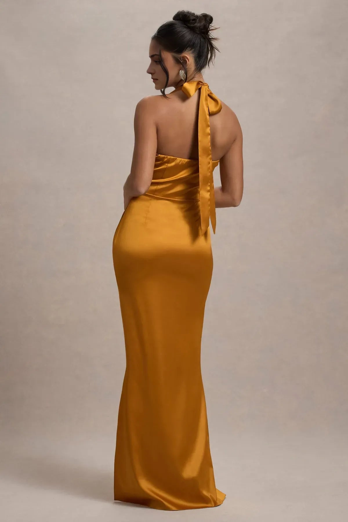 Elegant Golden Brown Satin Halter Prom Dresses Perfect for Luxurious Ball Galas and Formal Soirées