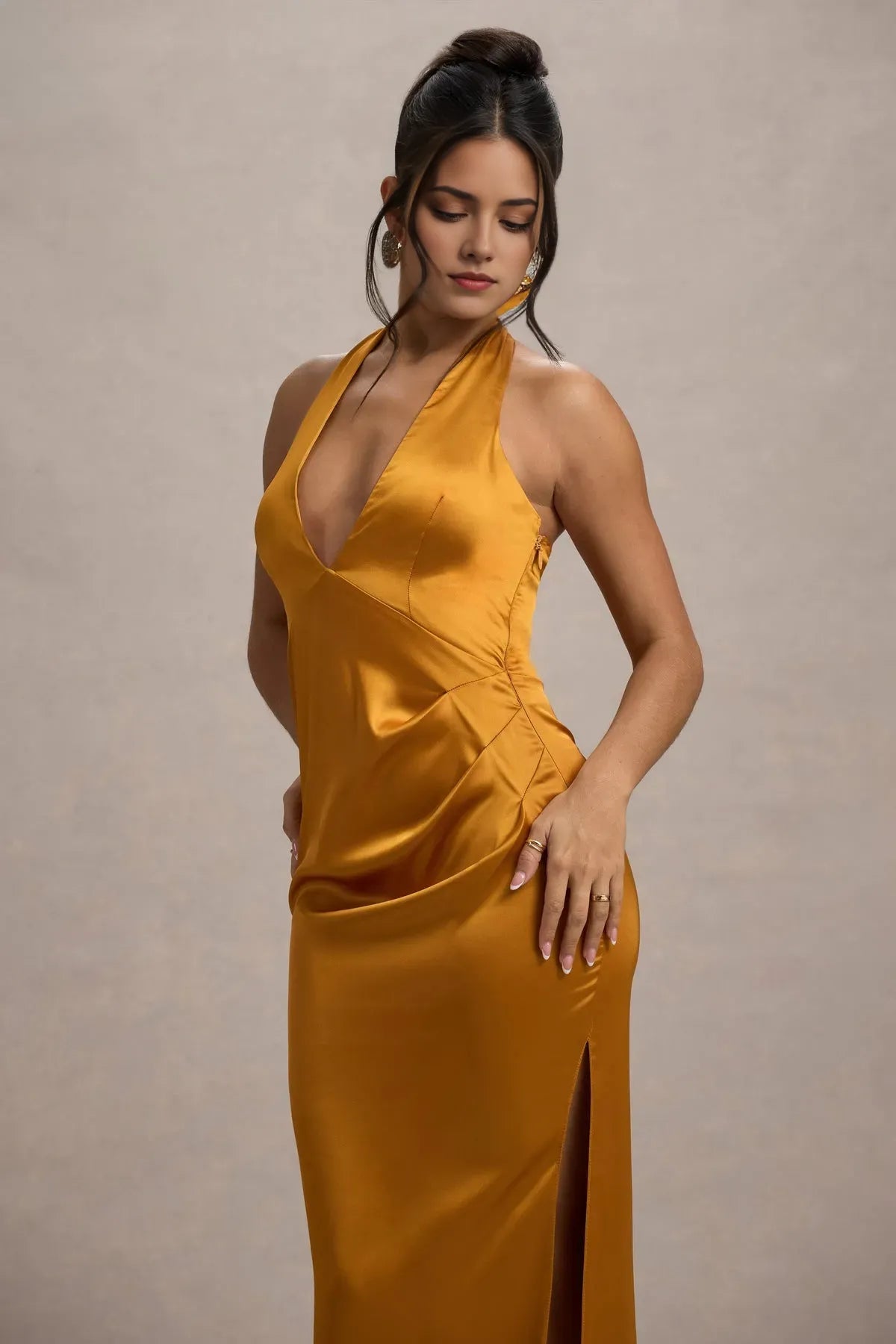 Elegant Golden Brown Satin Halter Prom Dresses Perfect for Luxurious Ball Galas and Formal Soirées
