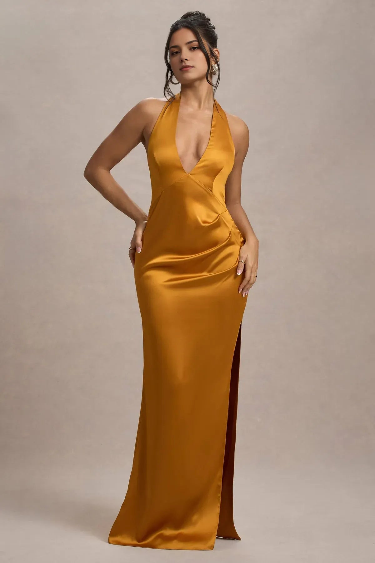 Elegant Golden Brown Satin Halter Prom Dresses Perfect for Luxurious Ball Galas and Formal Soirées