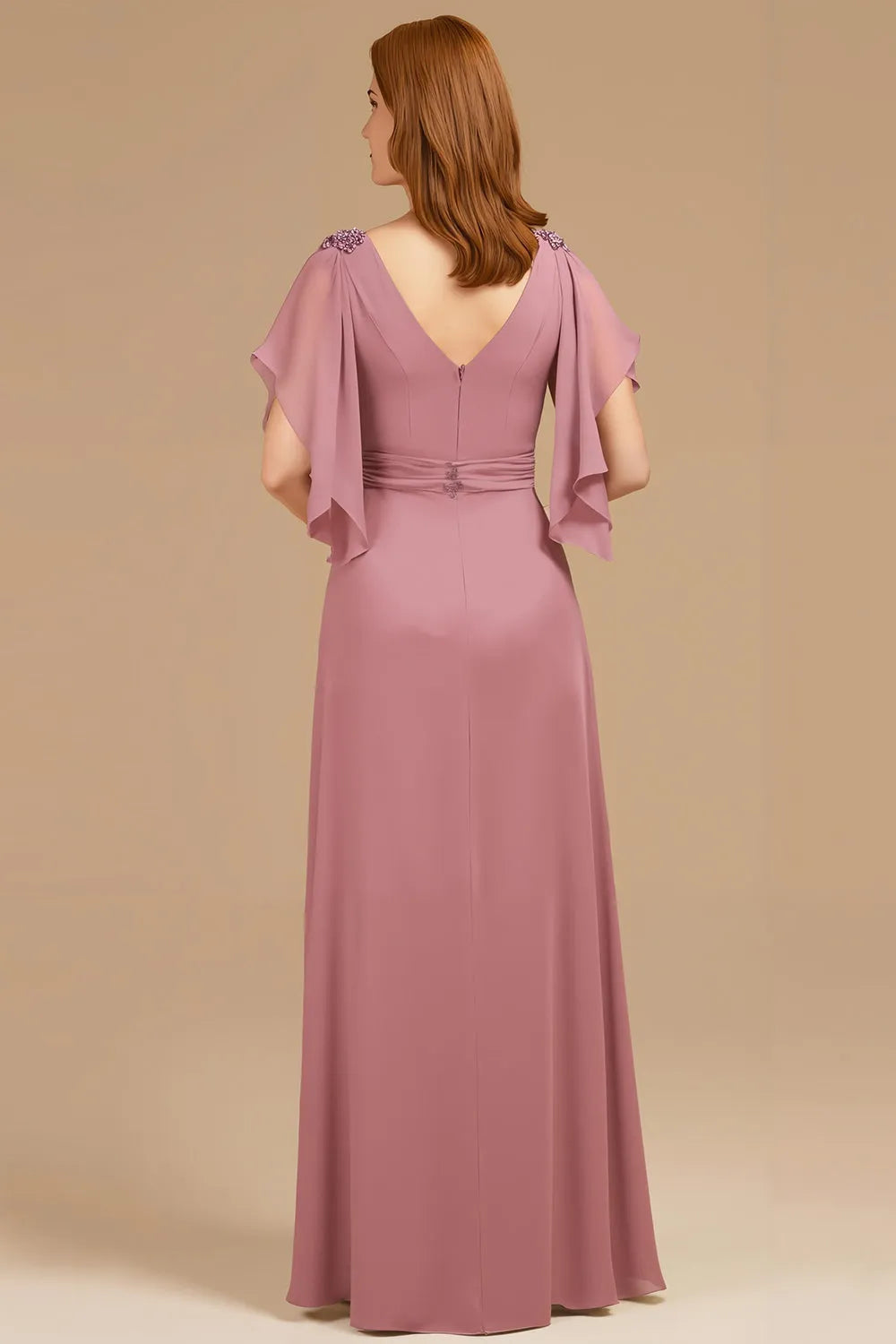 Elegant Grape A-Line V-Neck Ruched Flutter Sleeve Back Zip Floor-Length Mother of the Bride Dress