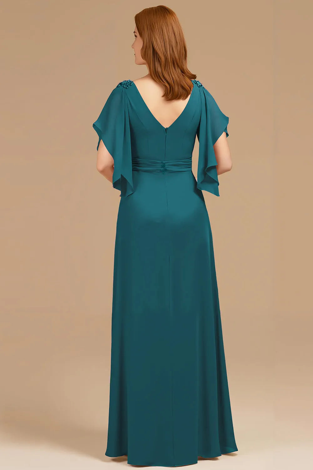 Elegant Grape A-Line V-Neck Ruched Flutter Sleeve Back Zip Floor-Length Mother of the Bride Dress