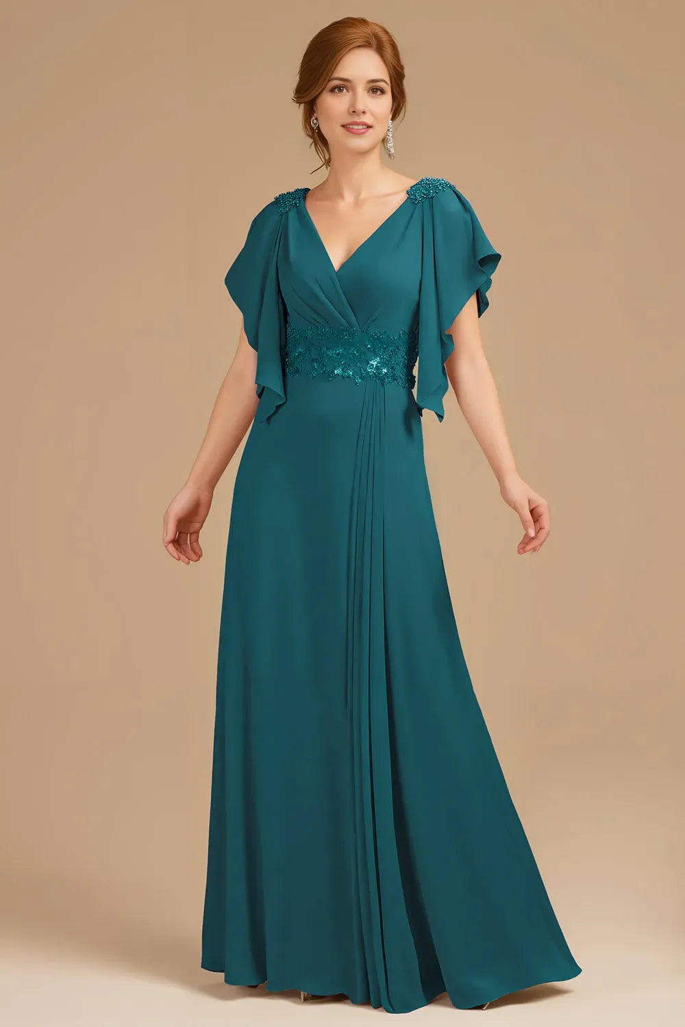 Elegant Grape A-Line V-Neck Ruched Flutter Sleeve Back Zip Floor-Length Mother of the Bride Dress