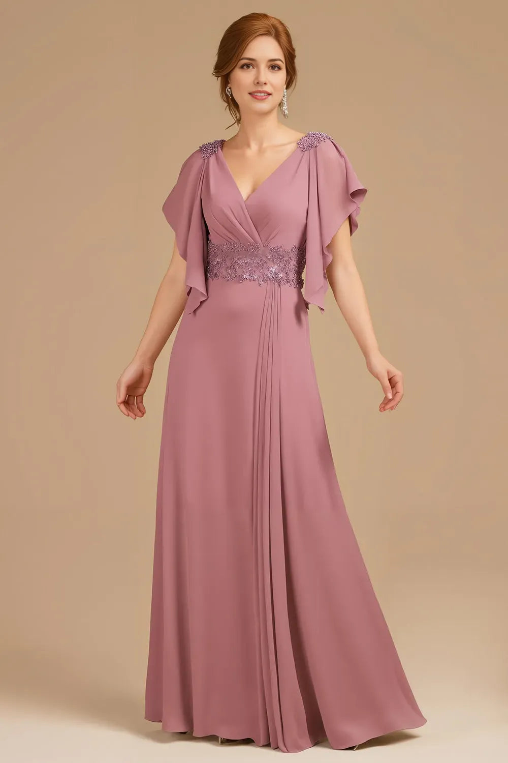 Elegant Grape A-Line V-Neck Ruched Flutter Sleeve Back Zip Floor-Length Mother of the Bride Dress