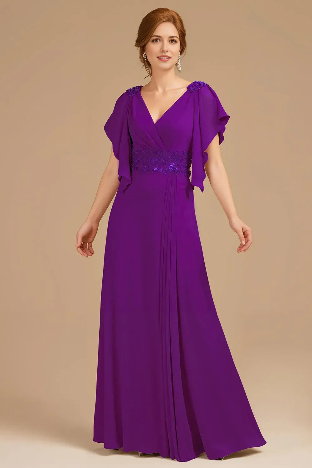 Elegant Grape A-Line V-Neck Ruched Flutter Sleeve Back Zip Floor-Length Mother of the Bride Dress