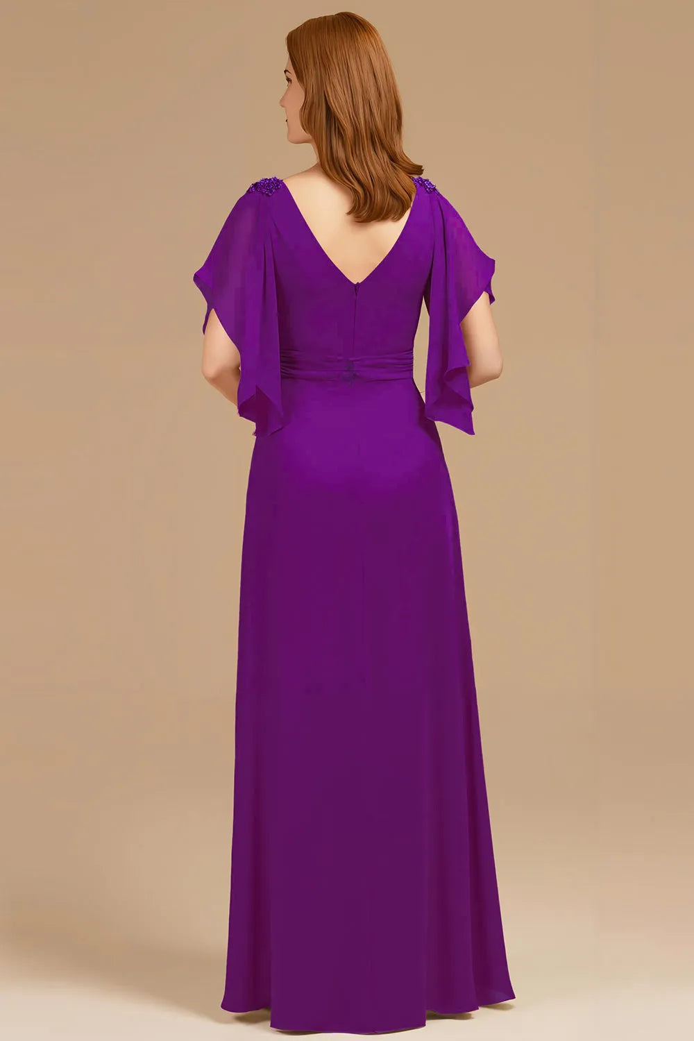 Elegant Grape A-Line V-Neck Ruched Flutter Sleeve Back Zip Floor-Length Mother of the Bride Dress