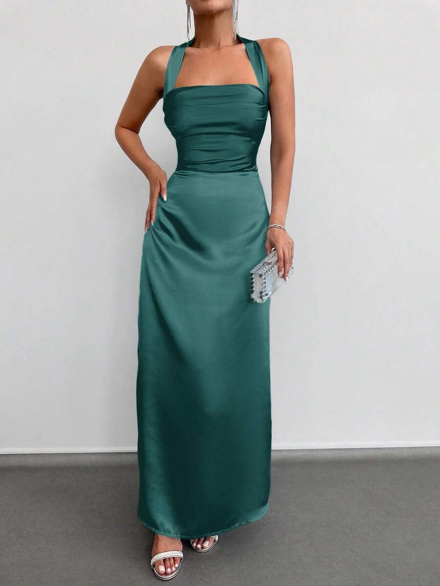 Elegant Green A-Line Halter Neck Sleeveless Open Back Back Zip Ruched Ankle-Length Satin  Prom Dresses