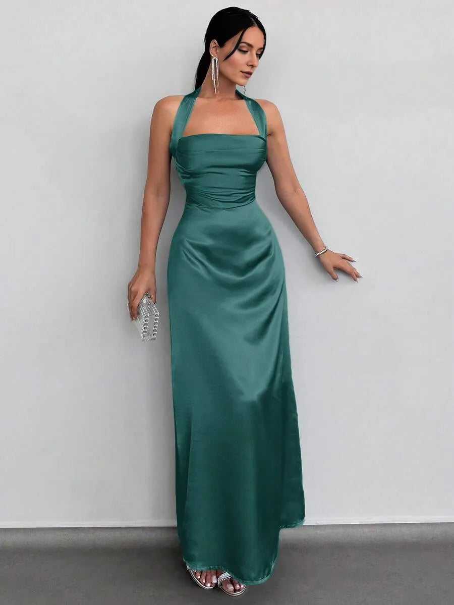 Elegant Green A-Line Halter Neck Sleeveless Open Back Back Zip Ruched Ankle-Length Satin  Prom Dresses