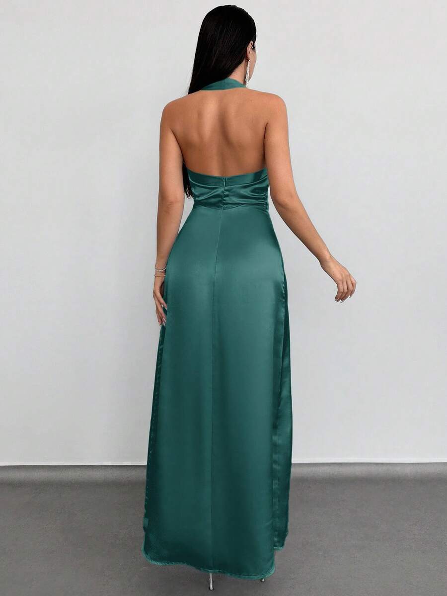 Elegant Green A-Line Halter Neck Sleeveless Open Back Back Zip Ruched Ankle-Length Satin  Prom Dresses