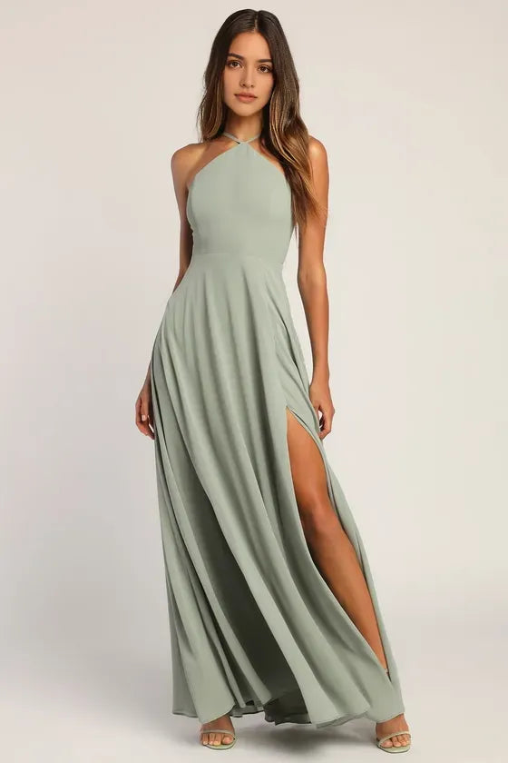 Elegant Green Halter Neck Chiffon Prom Dresses with Side Slit Perfect for Proms Balls and Formal Occasions Flowy Fabric