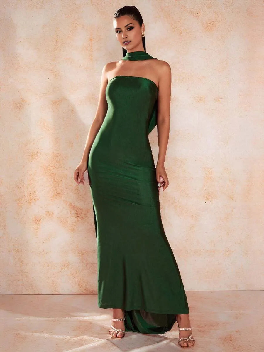 Elegant Green Mermaid Halter Neck Sleeveless Draped Back Floor-Length High Slit Satin Prom Dresses