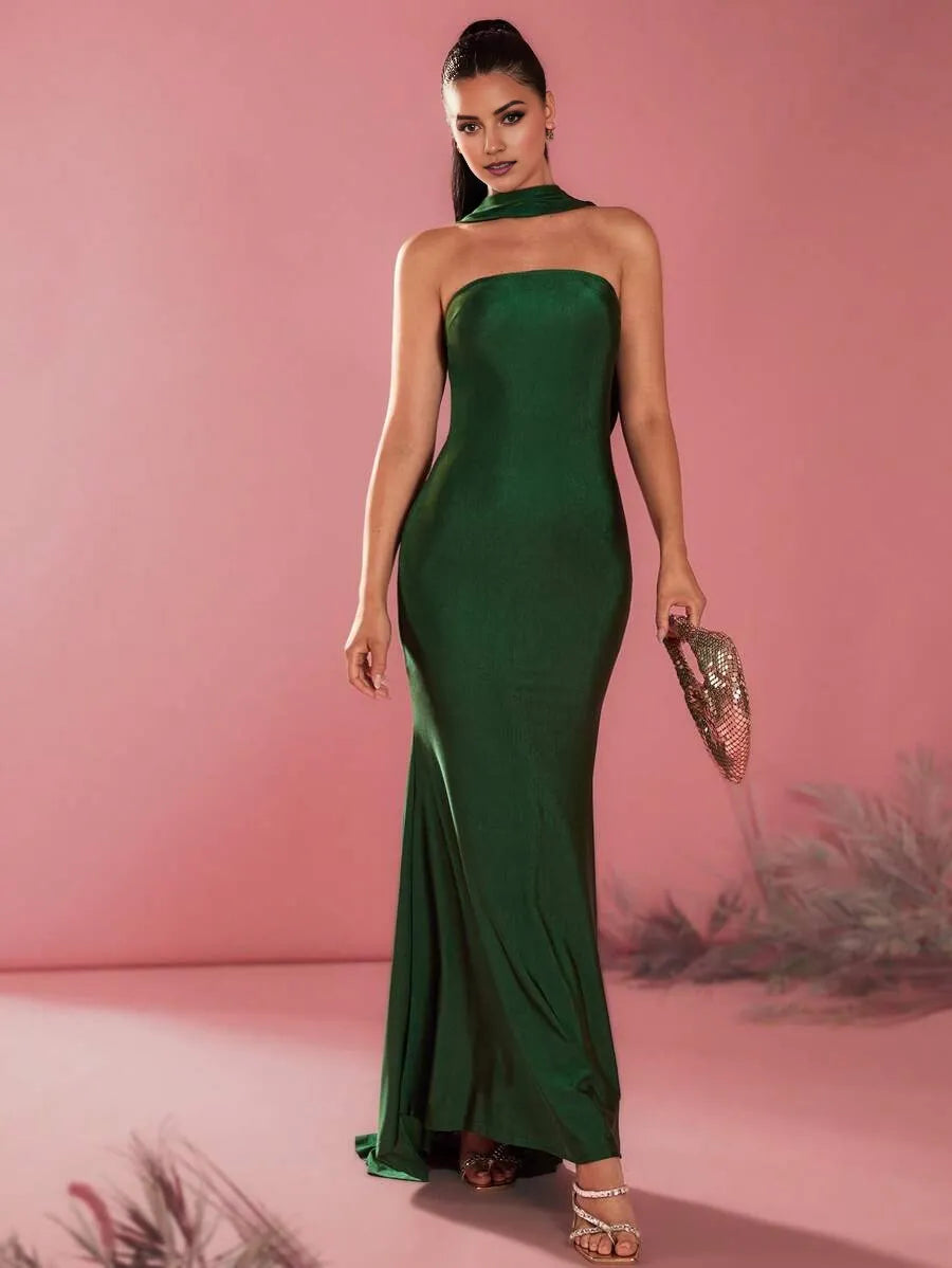 Elegant Green Mermaid Halter Neck Sleeveless Draped Back Floor-Length High Slit Satin Prom Dresses