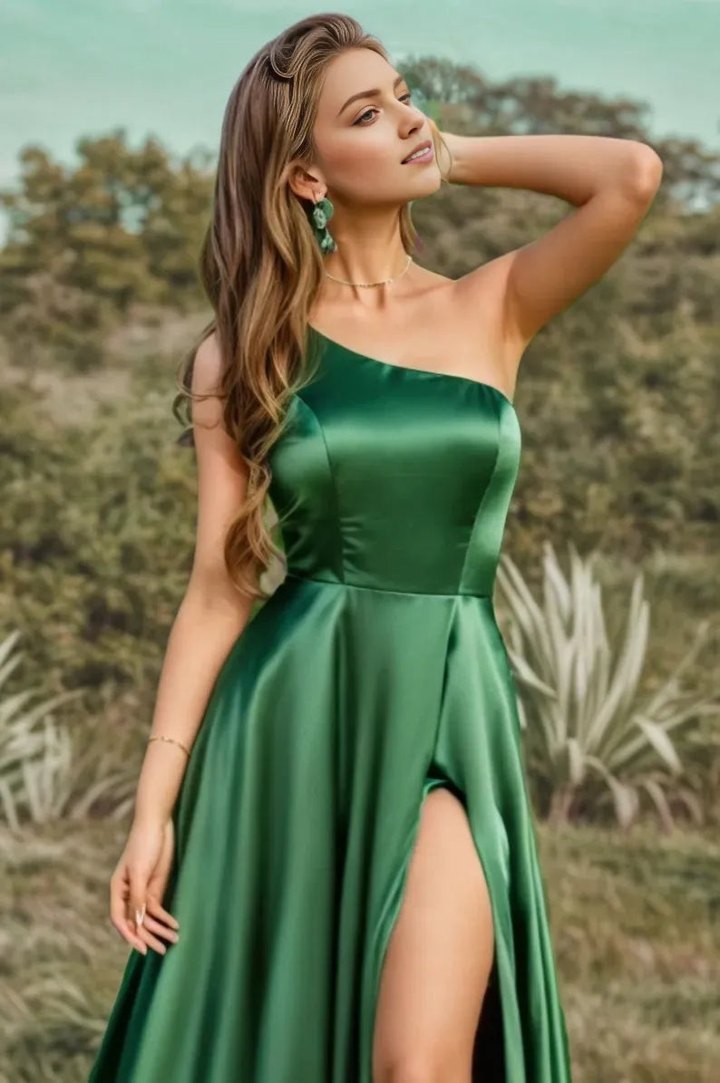 Elegant Green Mermaid One Shoulder Sleeveless Back Zip Floor-Length High Slit Satin Prom Dresses
