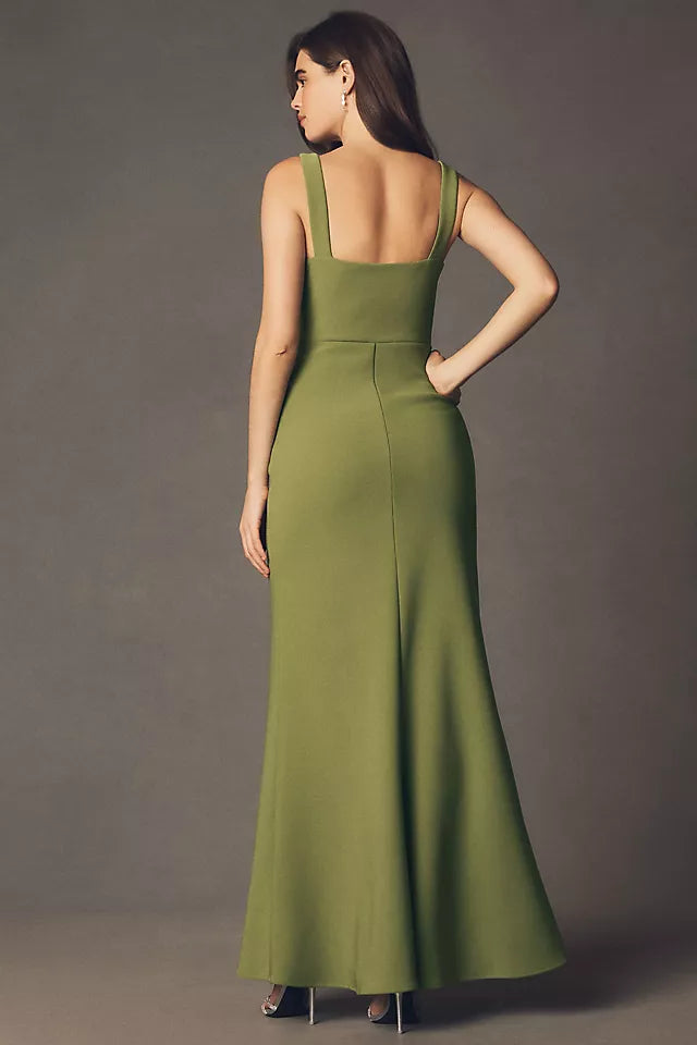 Elegant Green Mermaid Square-Neck Wide-Strap Back Zip Floor-Length Prom Dress Satin Hot sale for women