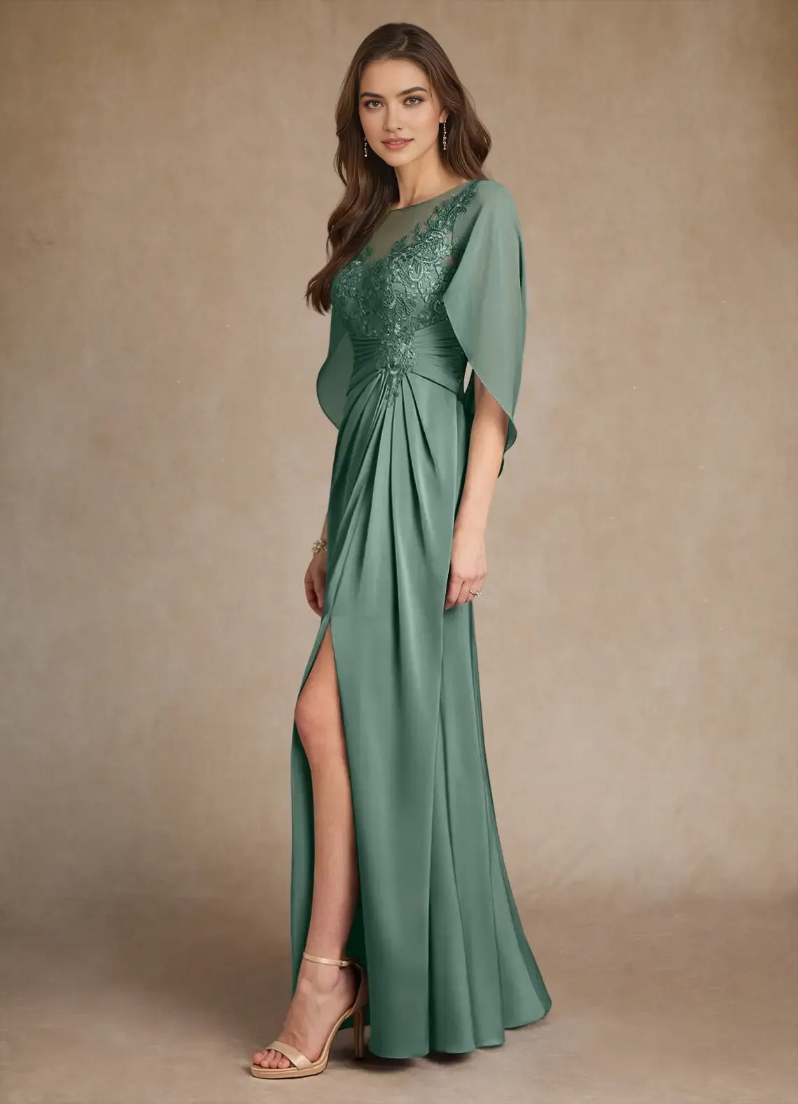 Elegant Green Mother of the Bride Dress with Sheer Cape Sleeves Lace Embroidered Bodice Draped Skirt  High Side Slit