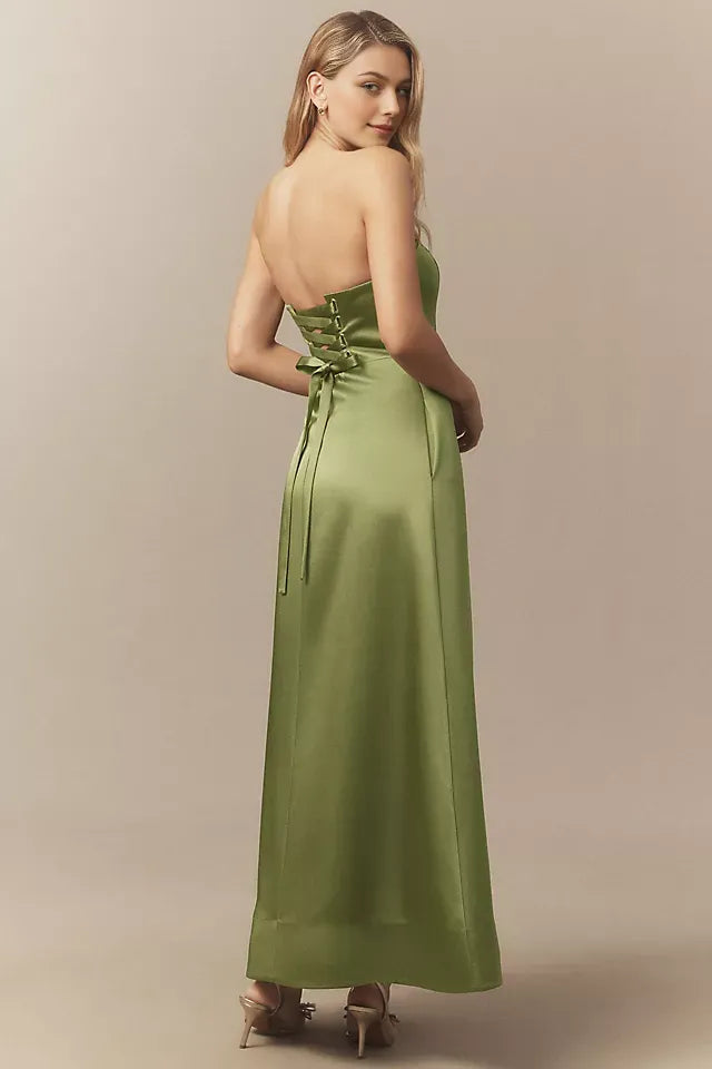 Elegant Green Sheath Strapless Sleeveless Lace Up Back Ankle Length Ruffled Satin Prom Dresses