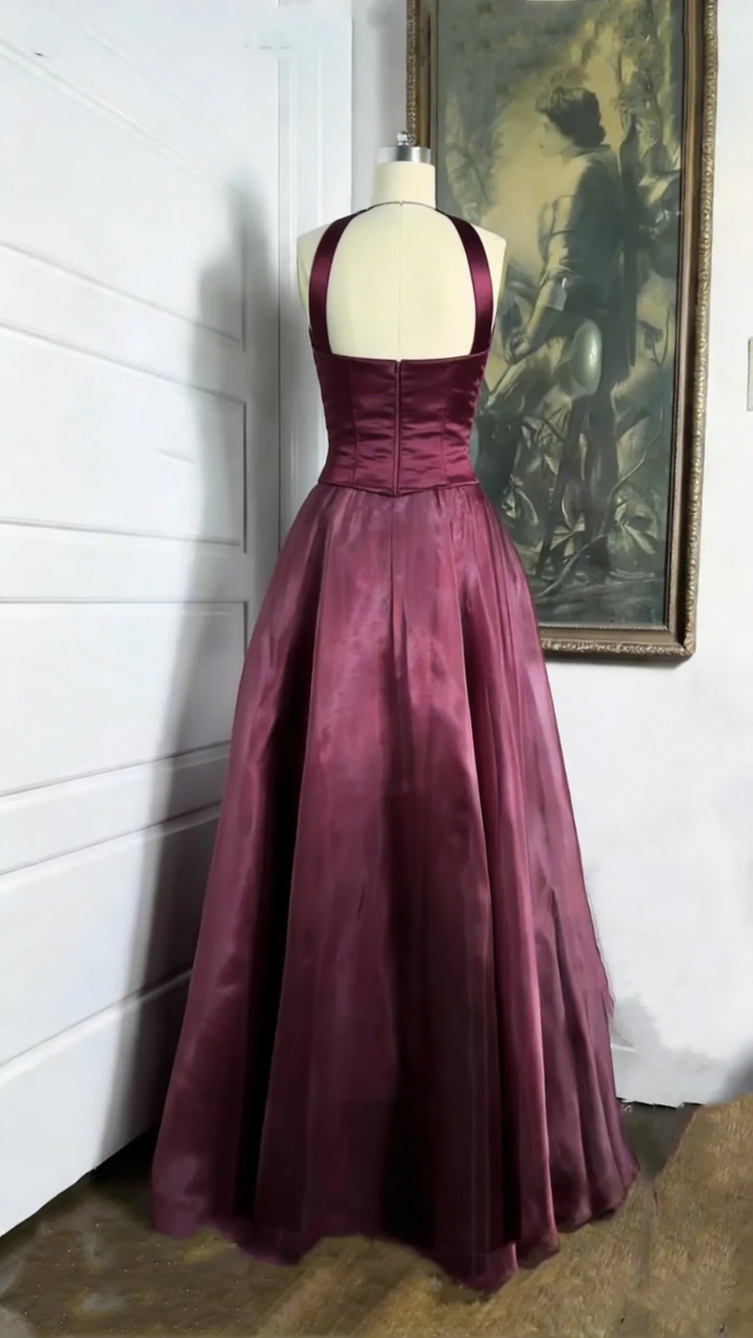 Elegant Halter Beaded Burgundy Maxi Prom Dress