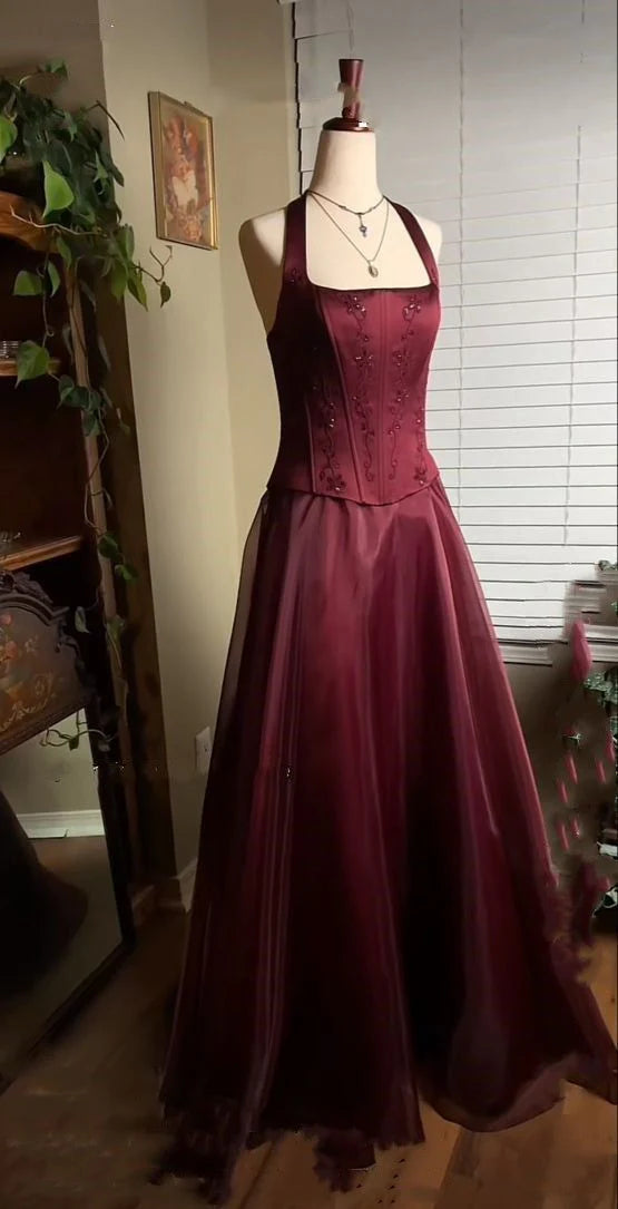 Elegant Halter Beaded Burgundy Maxi Prom Dress