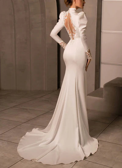 Elegant High Neck Long Sleeves Lace Back Wedding Dresses