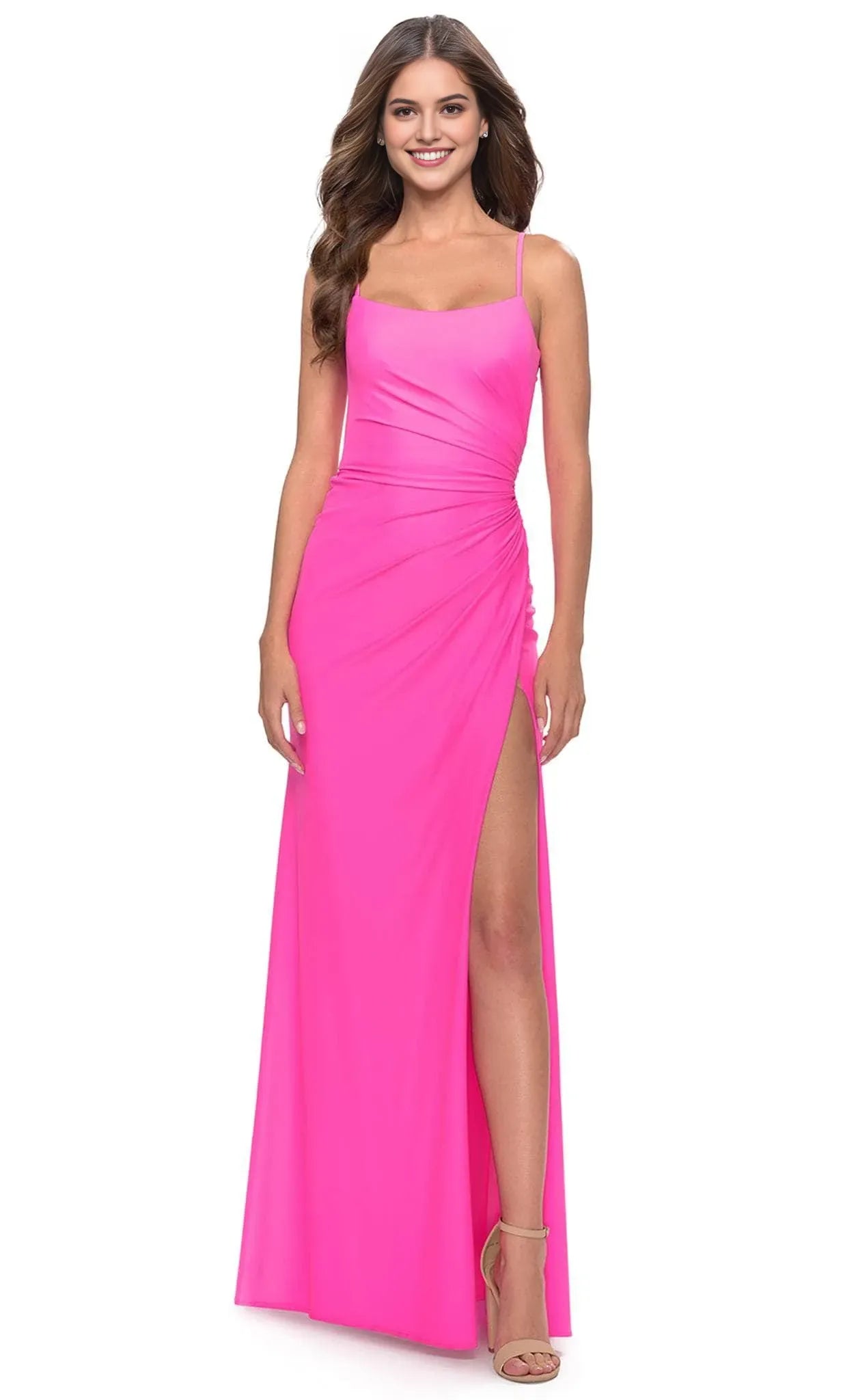 Elegant Hot Pink Satin Evening Dress with Square Neckline Asymmetric Ruching and Maxi Length for Formal Occasions