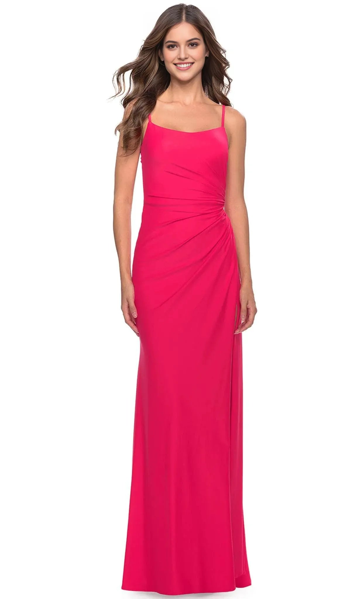 Elegant Hot Pink Satin Evening Dress with Square Neckline Asymmetric Ruching and Maxi Length for Formal Occasions