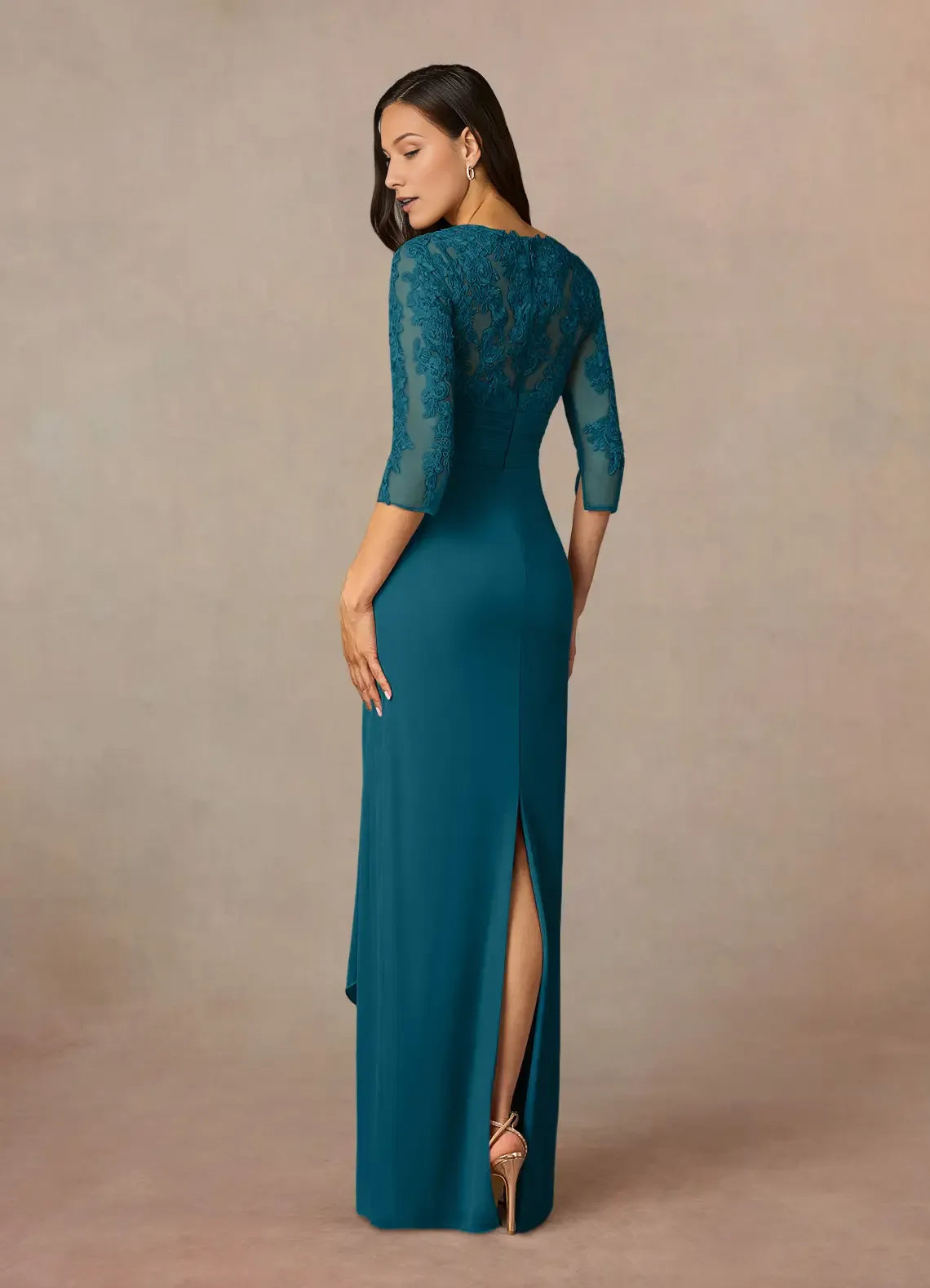 Elegant Ink Blue Sheath Lace Mother of the Bride Dress with V - Neckline Sheer Sleeves Embroidered Bodice and Asymmetric Drape Skirt