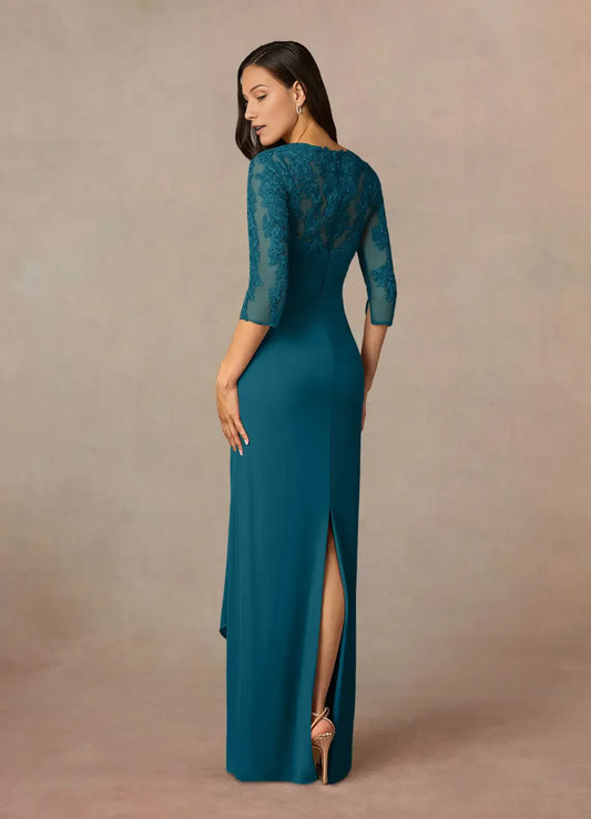 Elegant Ink Blue Sheath Lace Mother of the Bride Dress with V - Neckline Sheer Sleeves Embroidered Bodice and Asymmetric Drape Skirt
