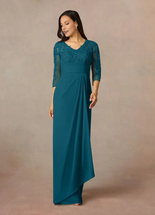 Elegant Ink Blue Sheath Lace Mother of the Bride Dress with V - Neckline Sheer Sleeves Embroidered Bodice and Asymmetric Drape Skirt