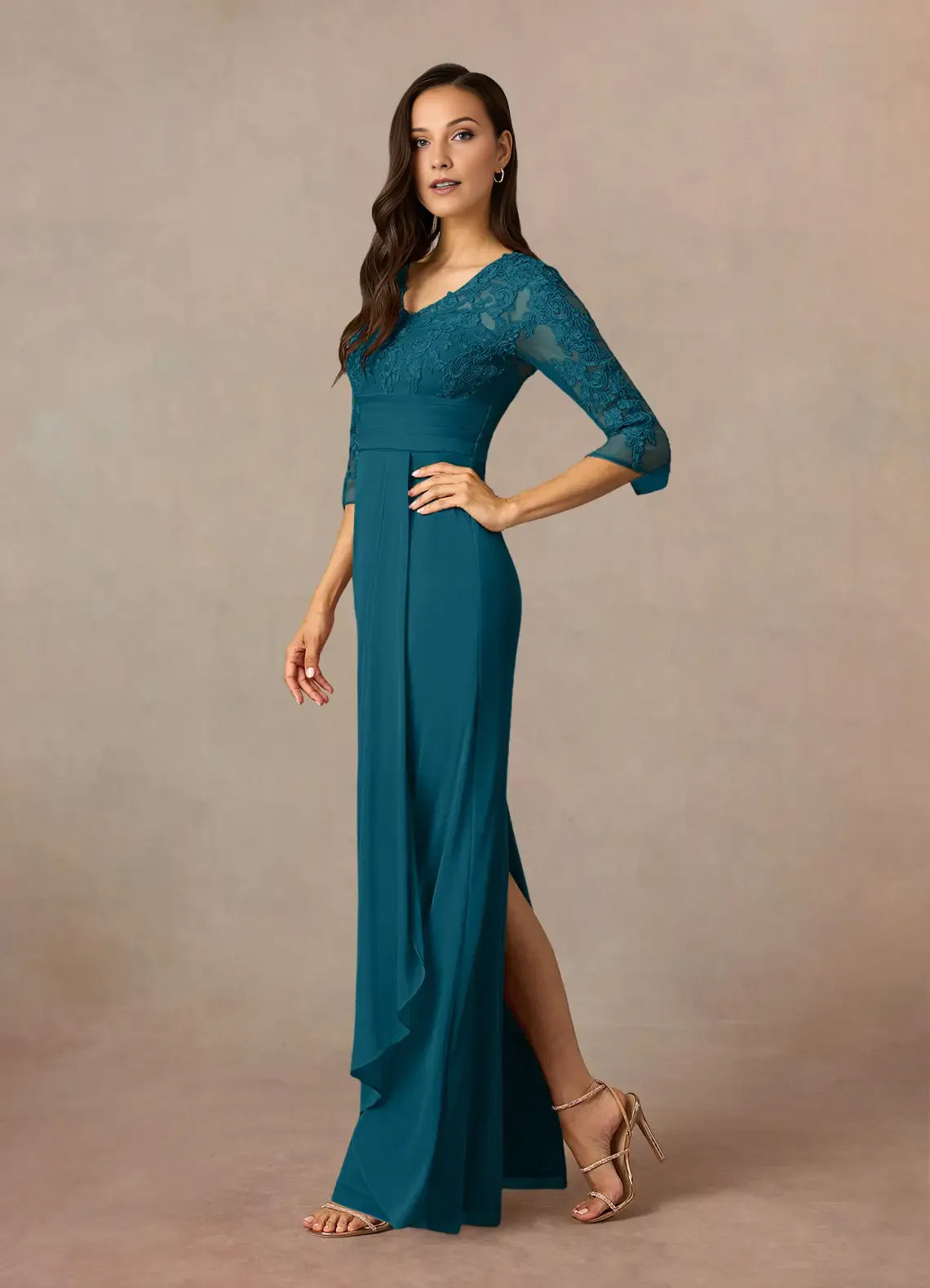 Elegant Ink Blue Sheath Lace Mother of the Bride Dress with V - Neckline Sheer Sleeves Embroidered Bodice and Asymmetric Drape Skirt