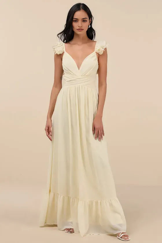 Elegant Ivory Chiffon Prom Dress with Floral Ruffle Shoulder Straps Plunging V  Neckline Wrap - Front Bodice and Tiered Ruffle Hem for Formal Occasions