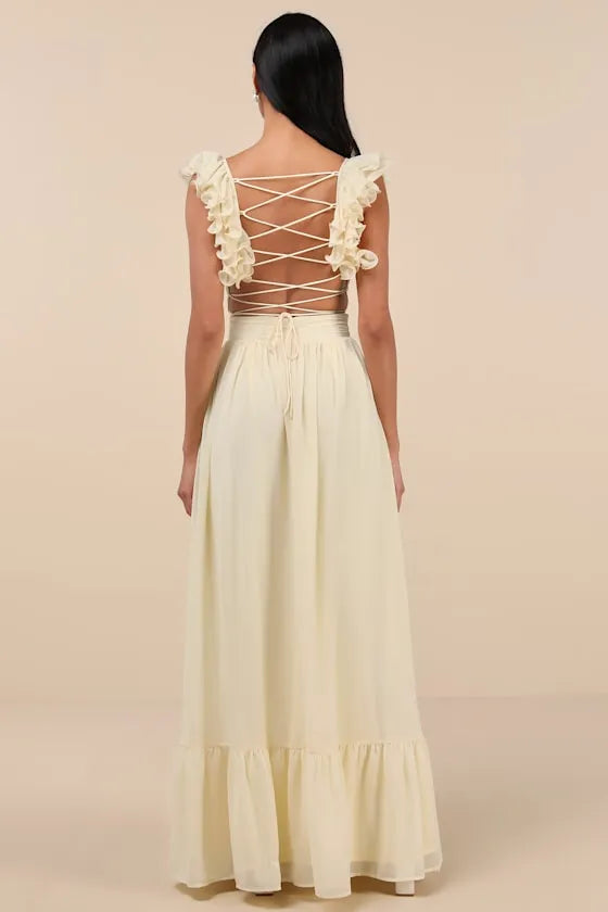 Elegant Ivory Chiffon Prom Dress with Floral Ruffle Shoulder Straps Plunging V  Neckline Wrap - Front Bodice and Tiered Ruffle Hem for Formal Occasions