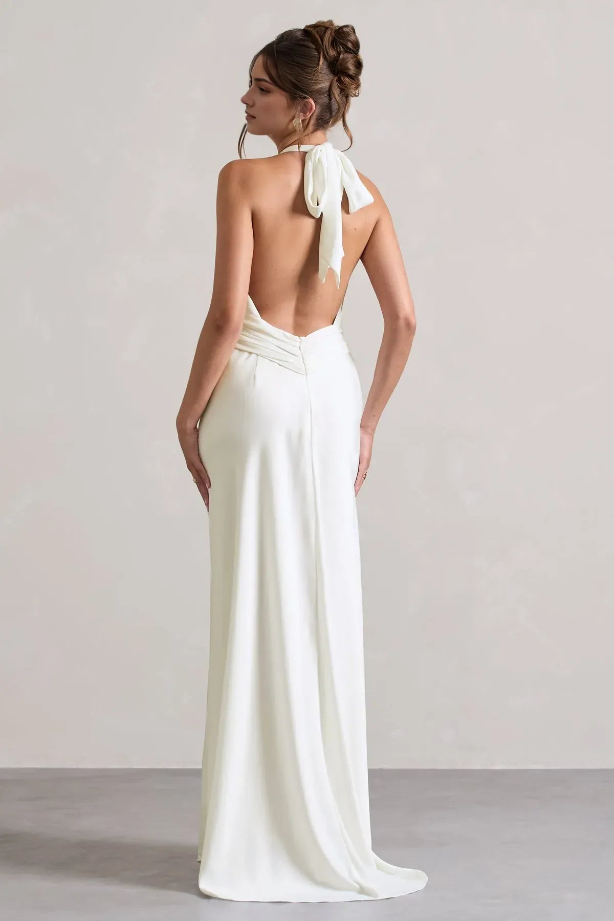 Elegant Ivory Neck Prom Gown Plunging V - Neck Ruched Waist  Flowing Satin Silhouette  A Fusion of Sophistication and Allure for Formal Galas