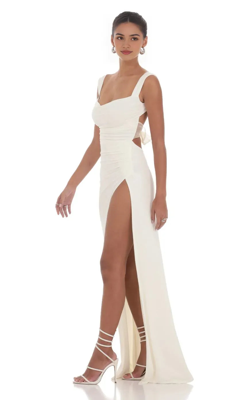 Elegant Ivory Ruched Prom Dress with Square Neckline and High Side Slit Perfect for Formal Evening Galas