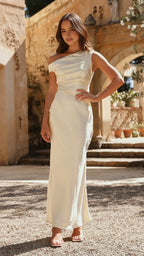 Elegant Ivory Satin Prom Dress One - Shoulder Draped Detail Floor  Length Silhouette for a Dreamy Sophisticated Look