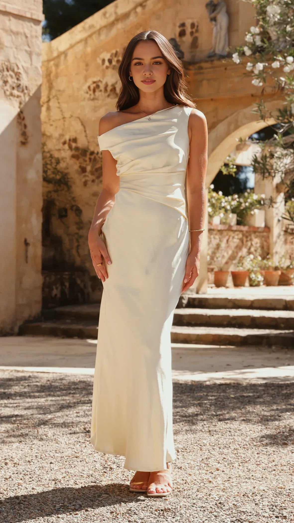 Elegant Ivory Satin Prom Dress One - Shoulder Draped Detail Floor  Length Silhouette for a Dreamy Sophisticated Look