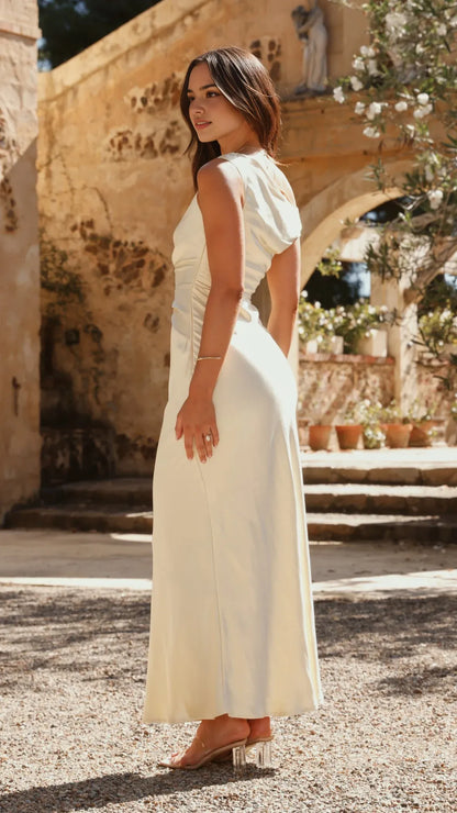 Elegant Ivory Satin Prom Dress One - Shoulder Draped Detail Floor  Length Silhouette for a Dreamy Sophisticated Look