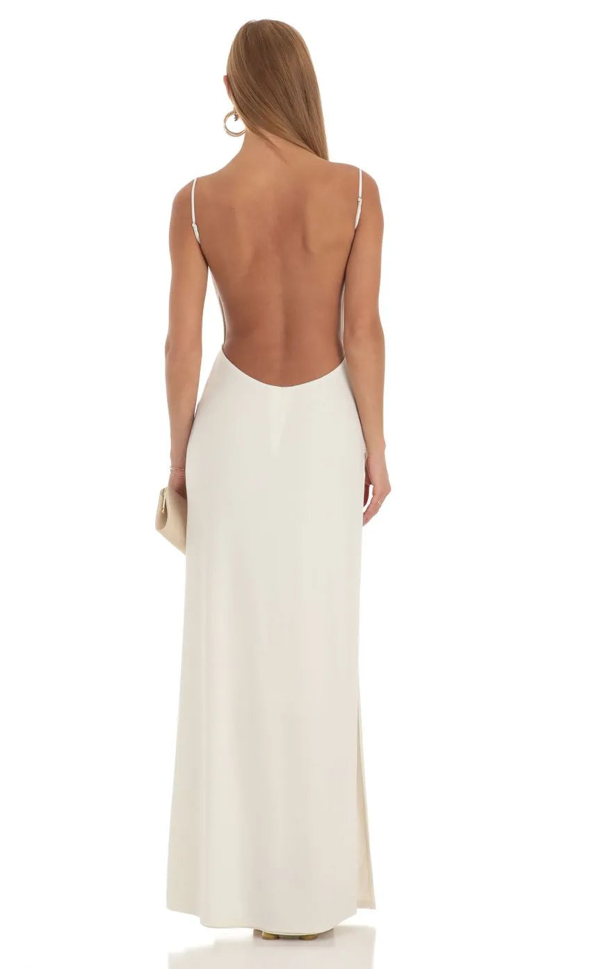 Elegant Ivory Satin Prom Dress with Cowl Neckline Spaghetti Straps and High Thigh Timeless Formal Evening Gown for Prom