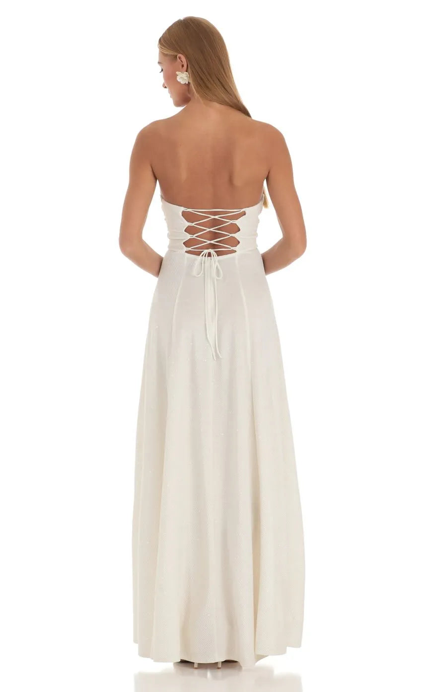 Elegant Ivory Strapless Prom Dress with High Thigh  Slit Design Perfect for Glamorous Formal Events and Memorable Prom Nights