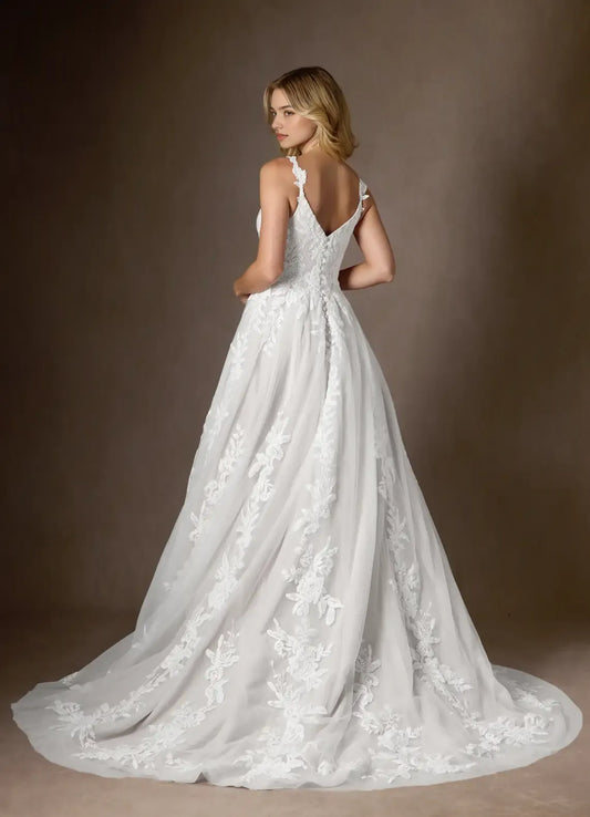 Elegant Lace A-Line V-Neck Sequins Tulle Embroidered Wedding Dresses Spaghetti Straps Neckline Sheer Tulle Overlay Train deal for Formal Wedding Ceremonies