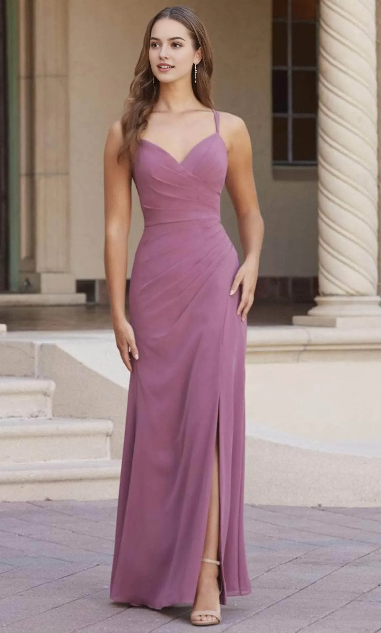 Elegant Lavender Chiffon Evening Dresses with Spaghetti Straps Ruched Bodice and High Side Slit