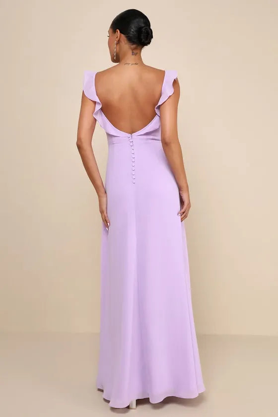 Elegant Lavender Chiffon Prom Dress with Ruffled Square Neckline Sleeveless Design and High Thigh Side Slit for Formal Occasions