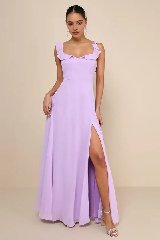 Elegant Lavender Chiffon Prom Dress with Ruffled Square Neckline Sleeveless Design and High Thigh Side Slit for Formal Occasions