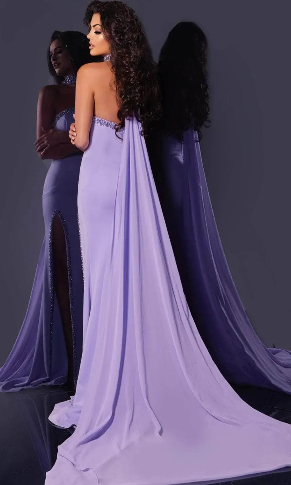 Elegant Lavender Chiffon Prom Gown with Strapless Neckline Beaded Trim Capelet Detail and High Side Slit for Formal Occasions