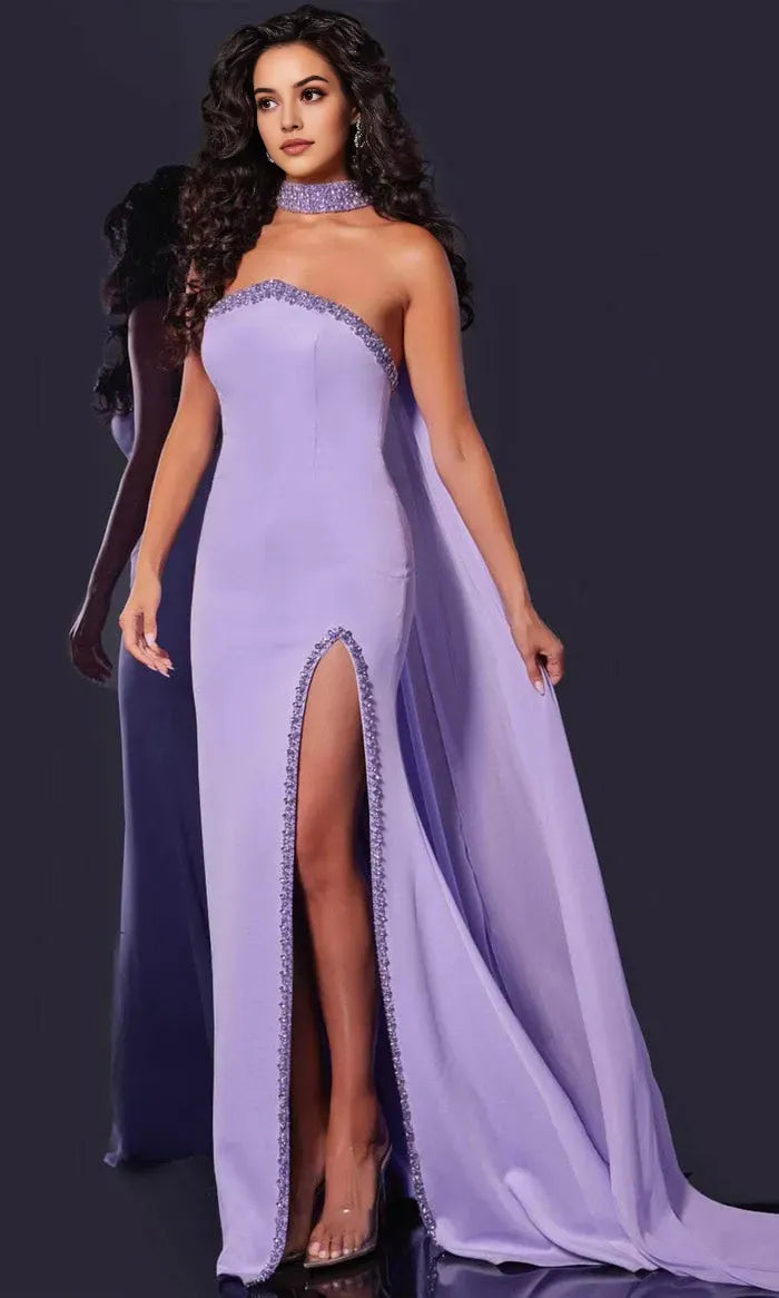 Elegant Lavender Chiffon Prom Gown with Strapless Neckline Beaded Trim Capelet Detail and High Side Slit for Formal Occasions