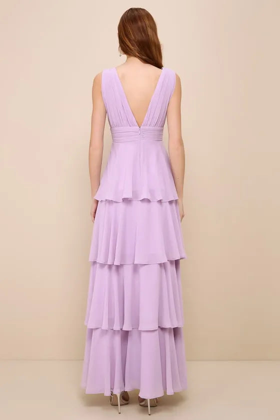 Elegant Lavender Chiffon Tiered Evening Dresses with Plunging V - Neckline Perfect for women Galas