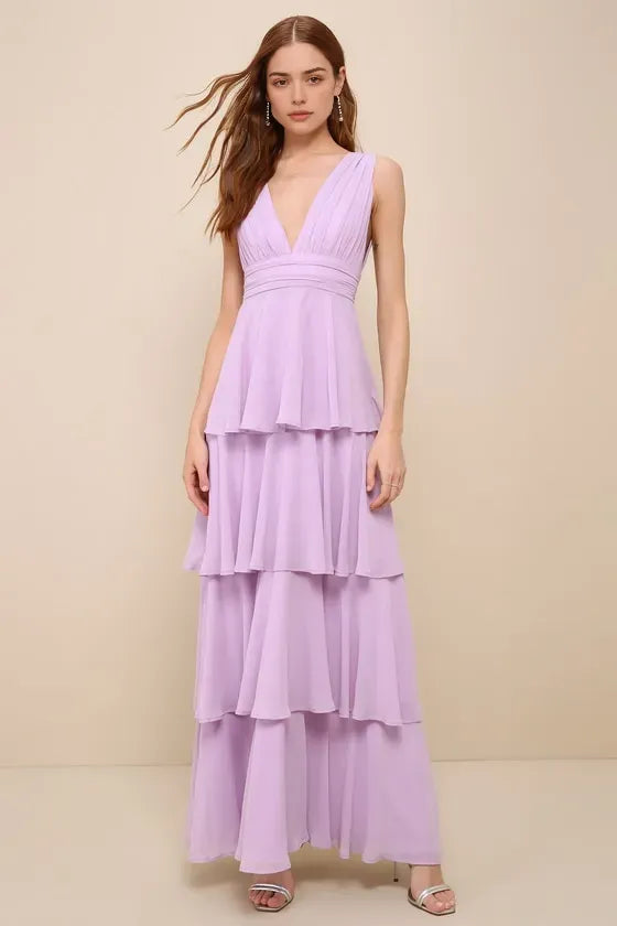 Elegant Lavender Chiffon Tiered Evening Dresses with Plunging V - Neckline Perfect for women Galas
