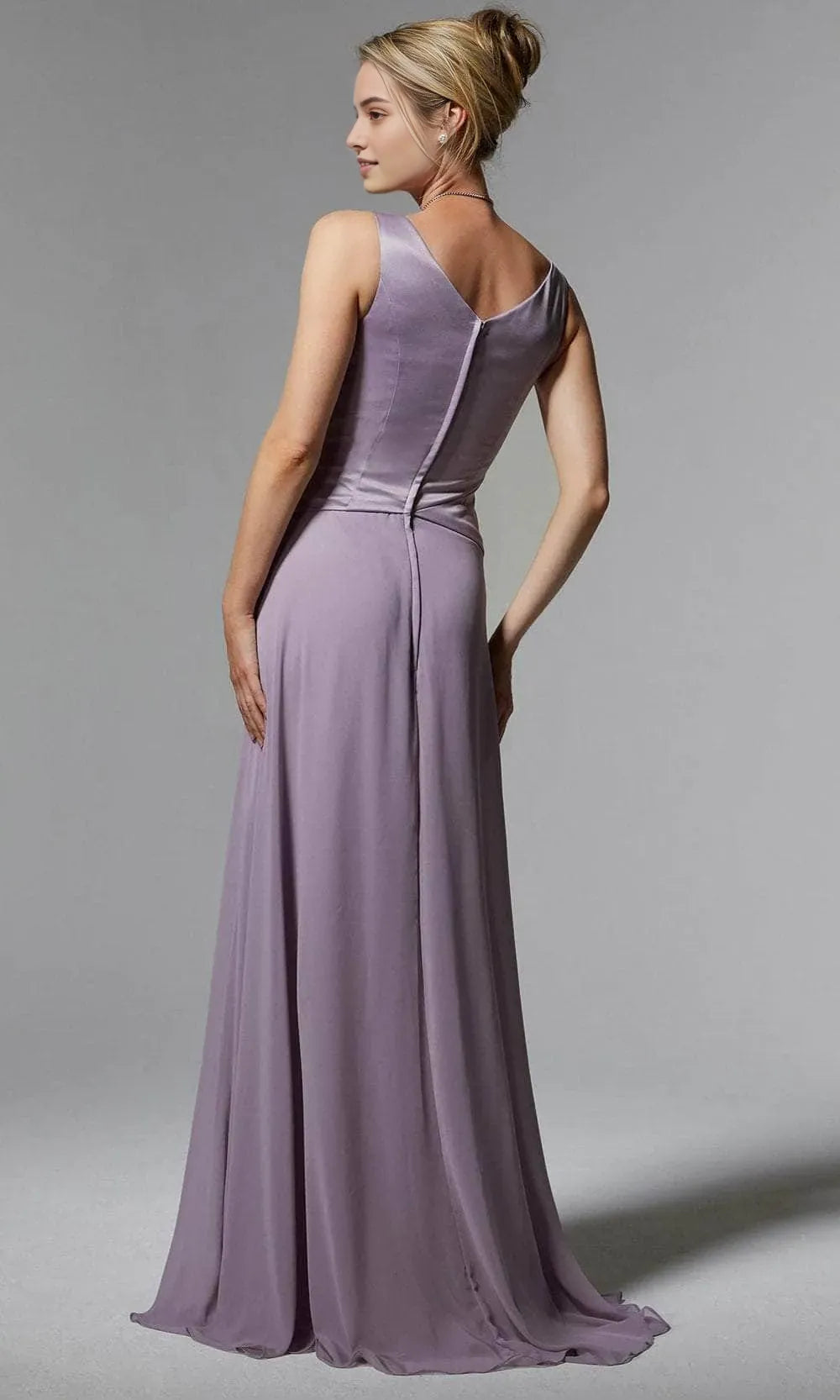 Elegant Lavender Evening Dresses with V - Neckline Satin Draped Bodice Floral Applique Detail High Side Slit and Flowing Chiffon Skirt