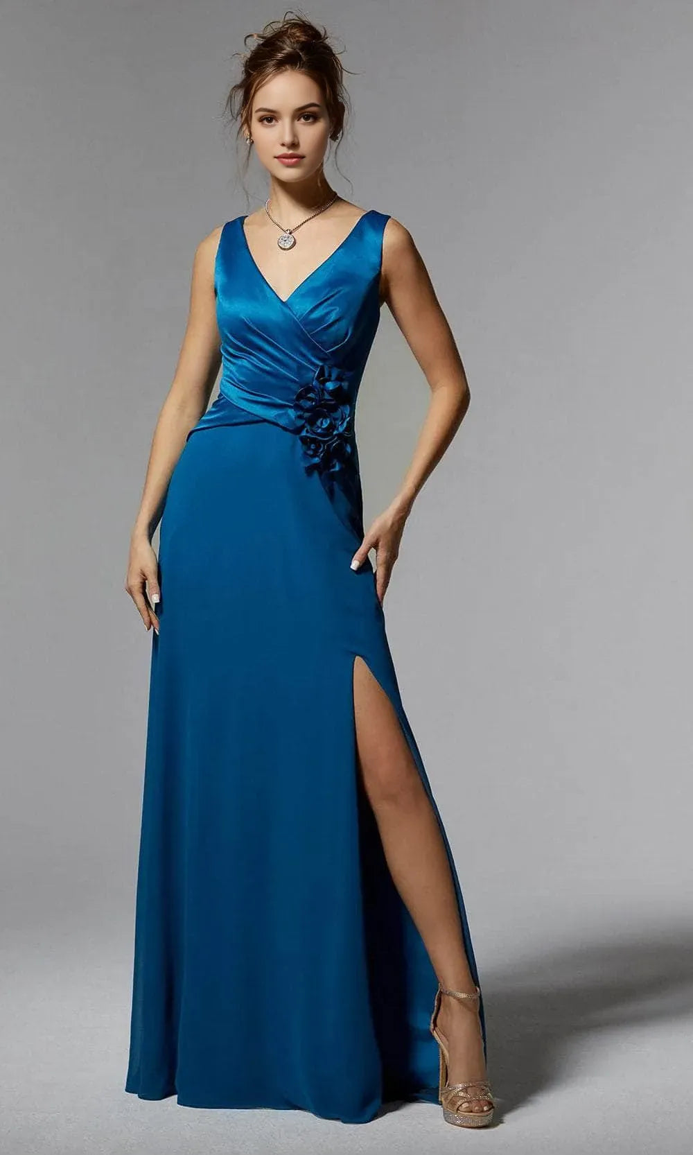 Elegant Lavender Evening Dresses with V - Neckline Satin Draped Bodice Floral Applique Detail High Side Slit and Flowing Chiffon Skirt
