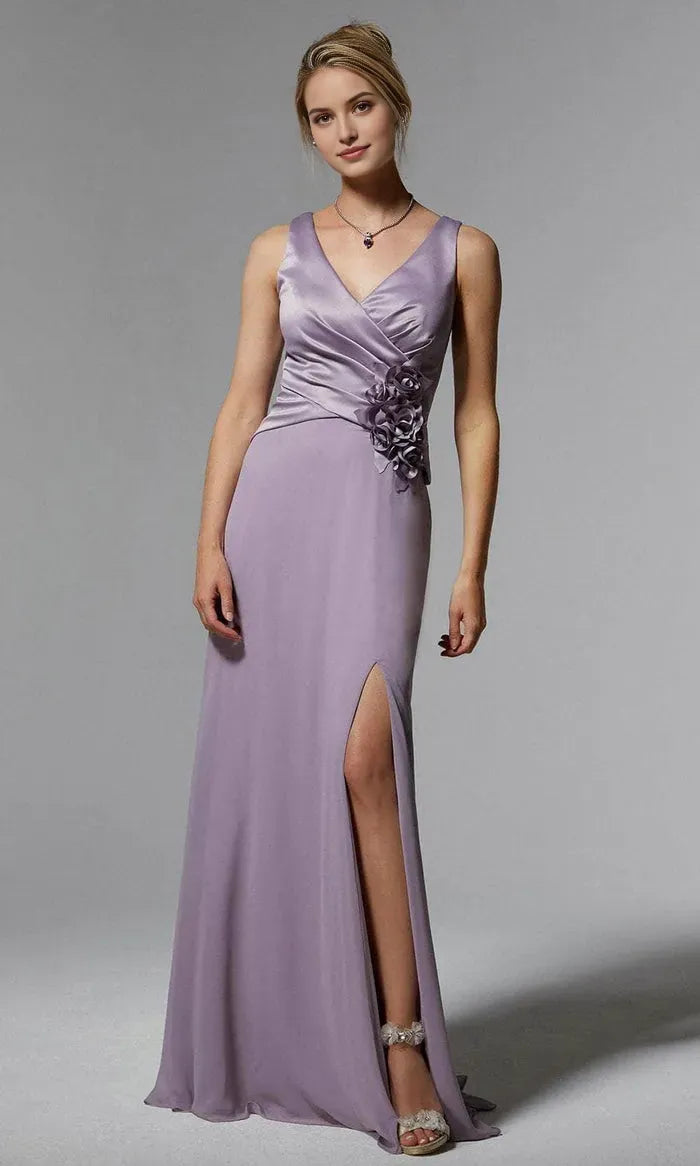 Elegant Lavender Evening Dresses with V - Neckline Satin Draped Bodice Floral Applique Detail High Side Slit and Flowing Chiffon Skirt