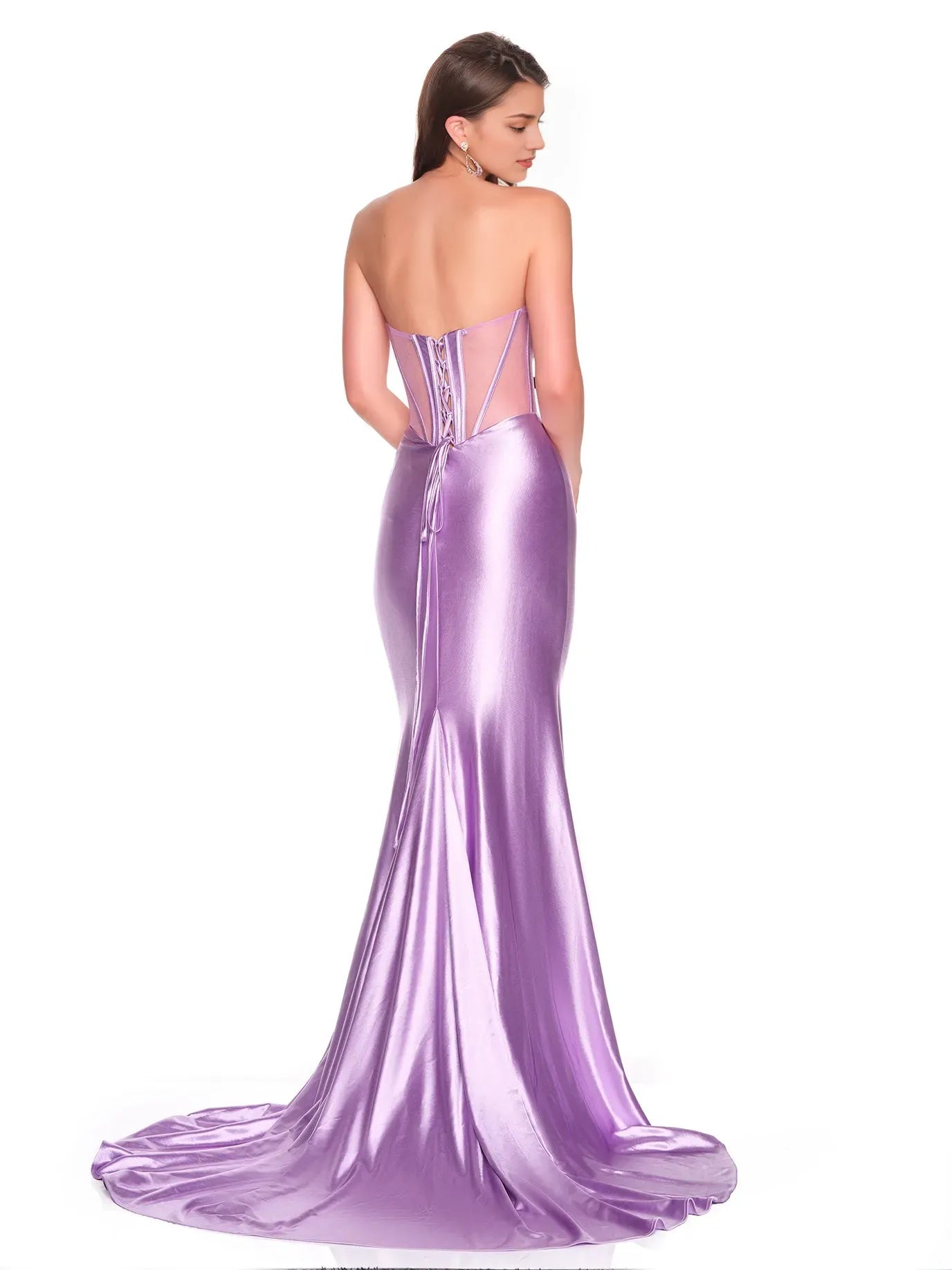 Elegant Lavender Mermaid Sweetheart-Neck Strapless Lace-Up Back Floor-Length Satin Prom Dresses with Slit