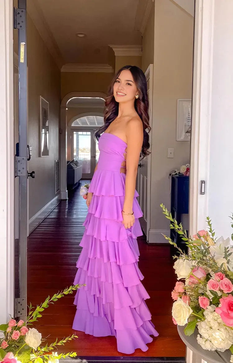 Elegant Lavender Prom Dress Strapless Tiered Ruffle Maxi Skirt Side Slit for a Sophisticated Glam Appeal